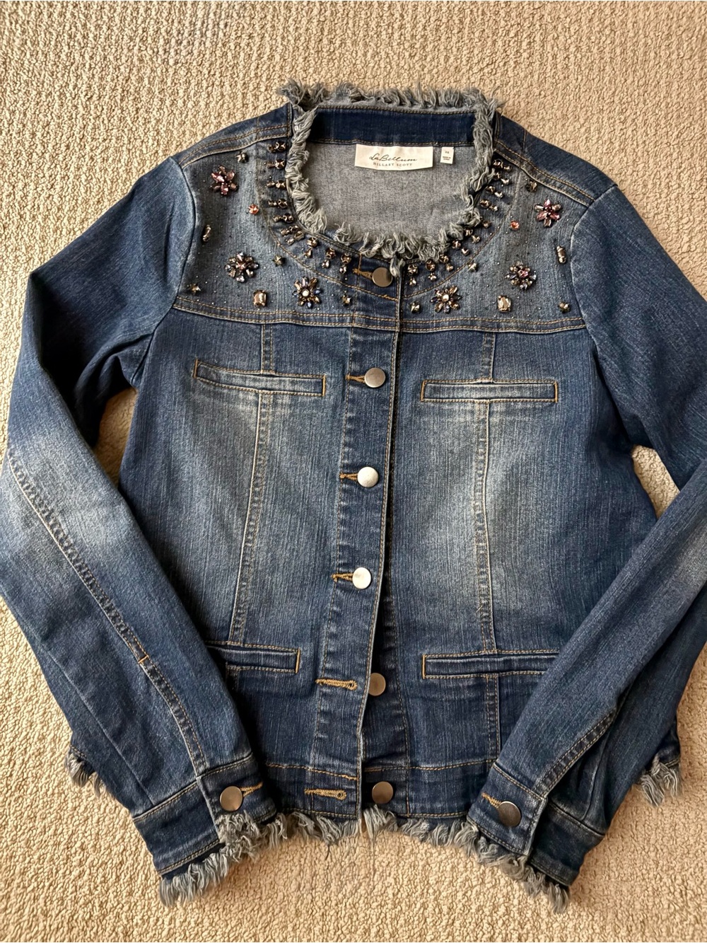 Embellished Blue Denim Jean Jacket with Frayed Trim - Women